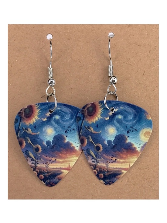 Fashion Jewelry Jewelry - Sunflower Sky Guitar Pick Earrings in Blue and Yellow